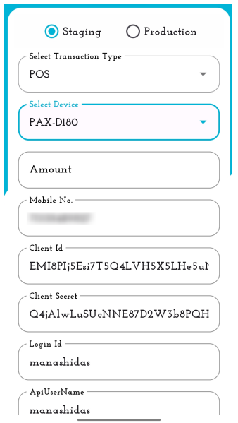 Sample App View of pos sdk app